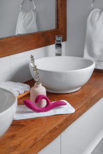 The Nova 2, a we-vibe toy, sits on the bathroom counter. This is one of the two we-vibe toys contestants can win.